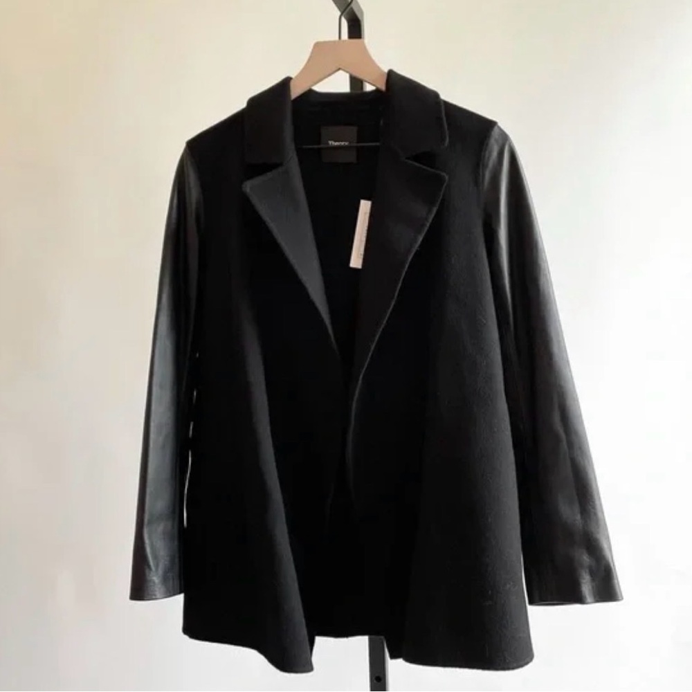 Theory Clairene Double Face Wool Cashmere Jacket with leather sleeves
